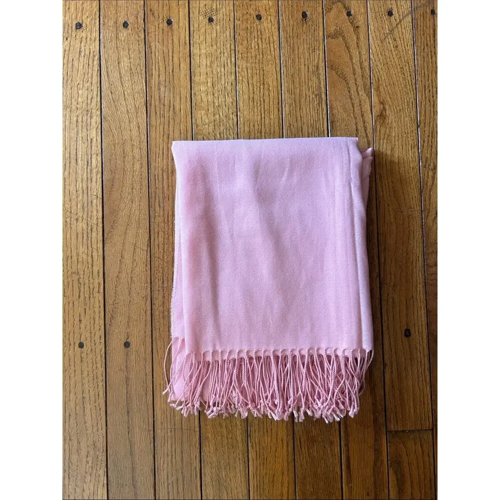 Soft Pink Fringe Scarf in Elongated Rectangle Shape, Lightweight Wool Feel